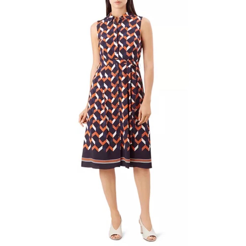 HOBBS London Women’s Suzanna Navy Geometric Belted Shirt Dress size 6